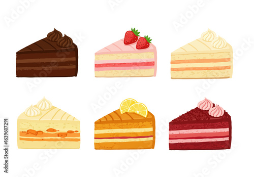 A set of six triangle cake slices featuring various flavors and toppings