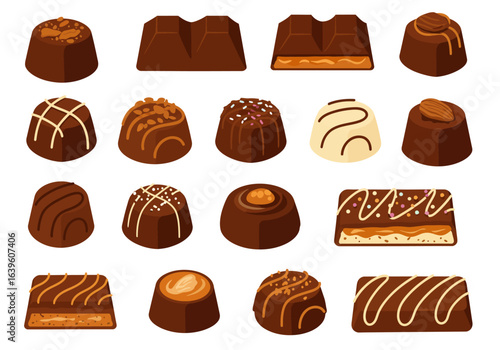 Assorted chocolates in various shapes colors  toppings arranged on a white background
