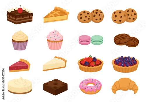 Assorted desserts cakes pies cookies macarons tarts donut croissant and brownie