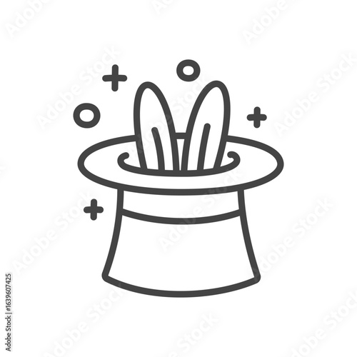 Cute magic hat icon. Hand drawn illustration of wizard conjure cylinder with bunny ears popping out. Kawaii sticker. Vector 10 EPS.
