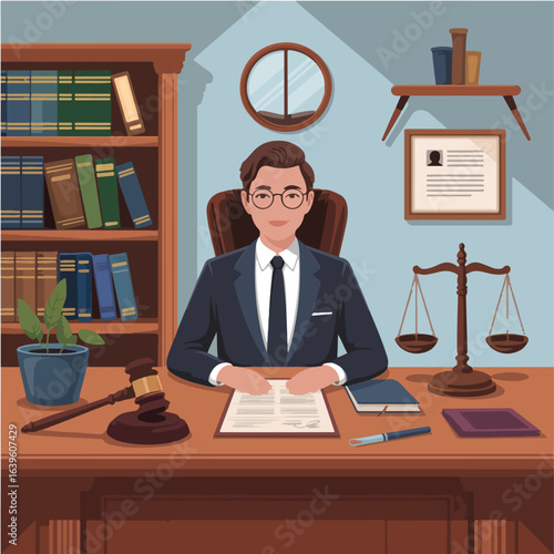 Lawyer sitting at desk with gavel and scales of justice in office with bookcase and document frame decor