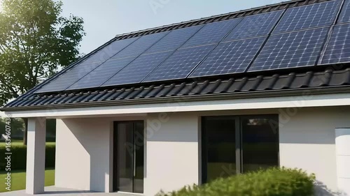 Wallpaper Mural White Residential House with Solar Panels on Roof and Energy Storage System in Sunny Day Torontodigital.ca