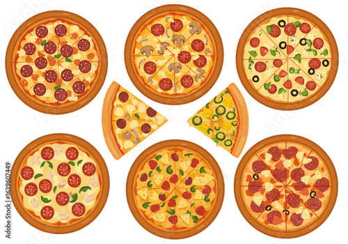 Assorted pizzas pepperoni mushroom jalapeno pineapple olives Full pies  slices