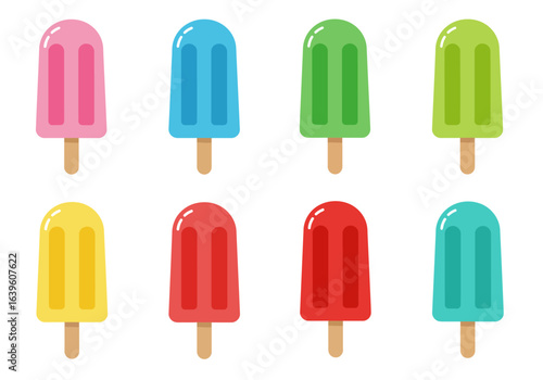 Eight colorful popsicles lined up each on a wooden stick with rounded tops