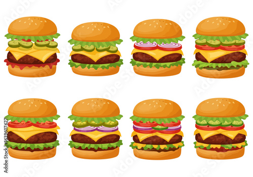 Eight stylized burgers with various toppings including lettuce tomatoes onions pickles and cheese arranged on a white background