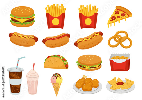 Fast food assortment burgers fries hotdogs pizza pretzels taco drink ice cream nuggets and nachos