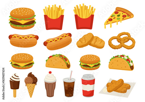 Fast food icons including burgers fries pizza tacos ice cream and drinks are displayed on a white background