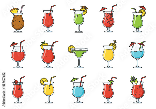 Fifteen colorful cartoon cocktail glasses are arranged on a white background