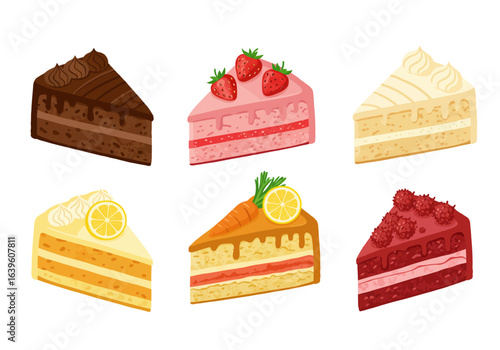 Six cake slices of various flavors and colors