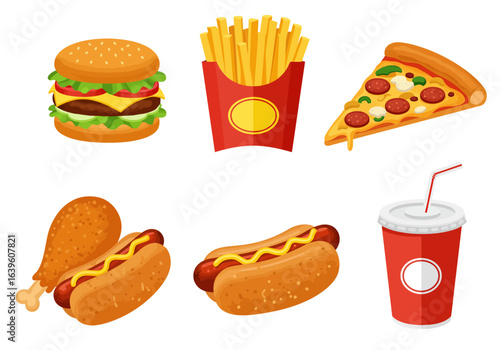 Six fast food items are arranged on a white background