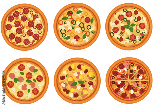 Six pizzas are shown from above with assorted toppings like pepperoni mushrooms peppers pineapple tomatoes and basil