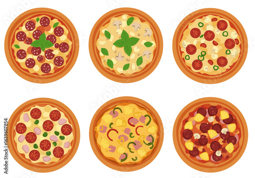 Six pizzas arranged in rows each with unique toppings on a dough base