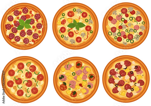 Six pizzas each with a unique combination of ingredients displayed on a white backdrop
