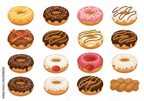 Variety of donuts glazed chocolate sprinkle jamfilled coconut bacon and braided bread
