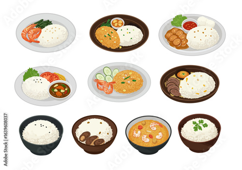Various food plates and bowls white rice shrimp meat vegetables  sauce on white background