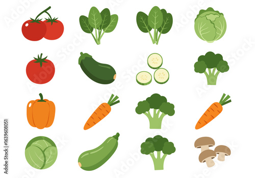 Vegetable arrangement tomatoes spinach zucchini cucumber broccoli carrot cabbage bell pepper and mushrooms