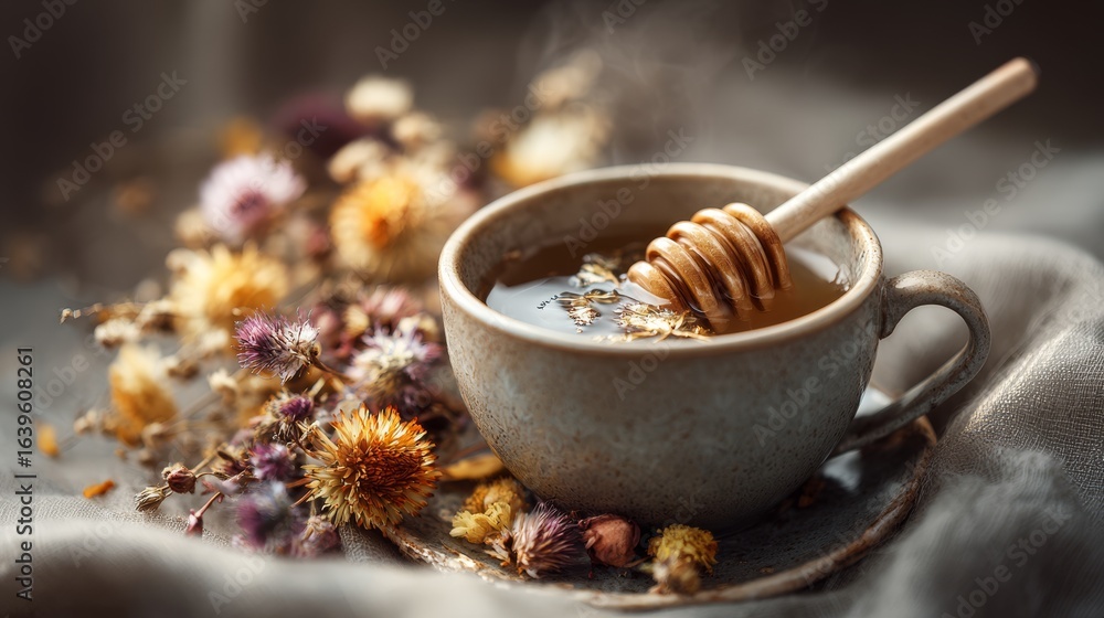 Fototapeta premium Herbal tea in ceramic cup with honey dipper and dried flowers
