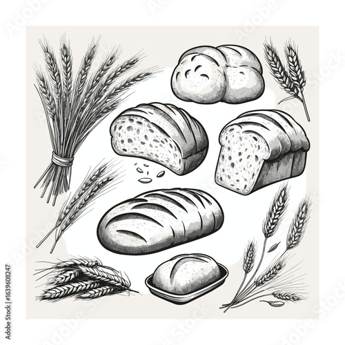 Artistic Bread Assortment and Wheat Stalks in a Black and White Illustration for Baking, Bakery, and Food-Related Projects, Perfect for Creative Content