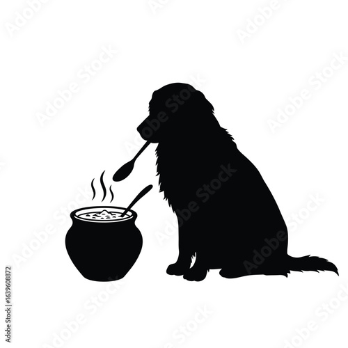 Silhouette of a loyal dog patiently waiting to taste his favorite homemade soup with a spoon in his mouth vector art