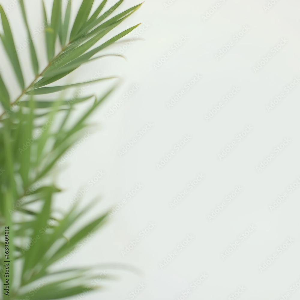 Fototapeta premium Green tropical palm leaf on bright background, summer nature minimalism