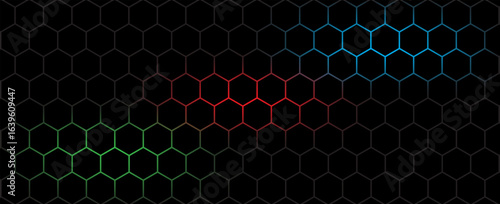 Dark hexagon abstract technology background with blue and green colored bright flashes under hexagon. Hexagonal gaming vector tech illustration black abstract background. EPS 10