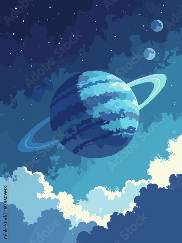 Neptune – Deep cobalt storm bands with bright methane clouds and distant moon shadow, palette: deep cobalt, cyan, cloud white, indigo