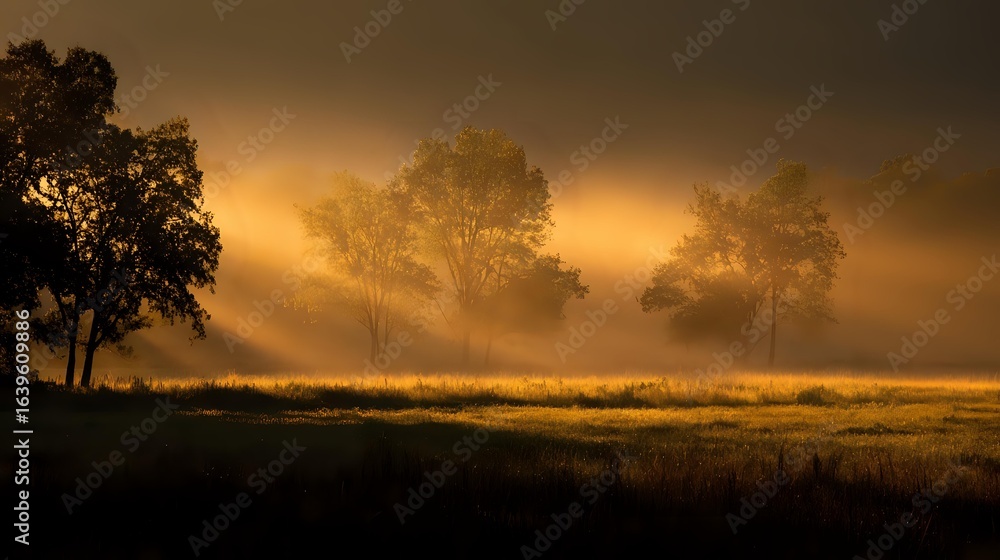 Fototapeta premium Fine fog shimmering under golden rays against a dark background