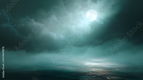Ethereal mist flowing over a shadowy floor, kissed by pale moonlight and soft teal glows, creating a serene dreamy mood
