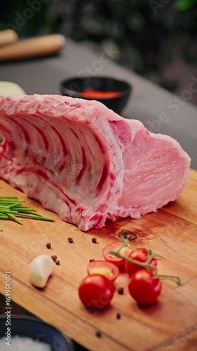 Fresh raw pork ribs placed on wooden board with cherry tomatoes, garlic, chives, and peppercorns, ready for seasoning and cooking.