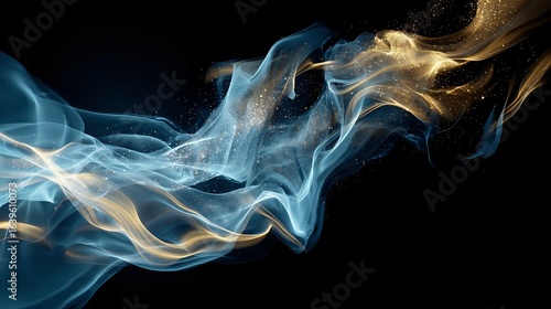 Silver mist curling in fluid patterns, softly glowing in blue and gold against a black background