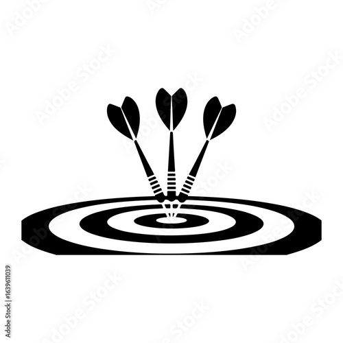Black darts hitting bullseye on target dartboard game