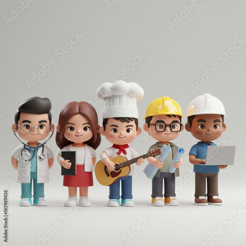 3D illustration of cute diverse cartoon professionals including a doctor, businesswoman, chef, engineer, and developer on a white background.