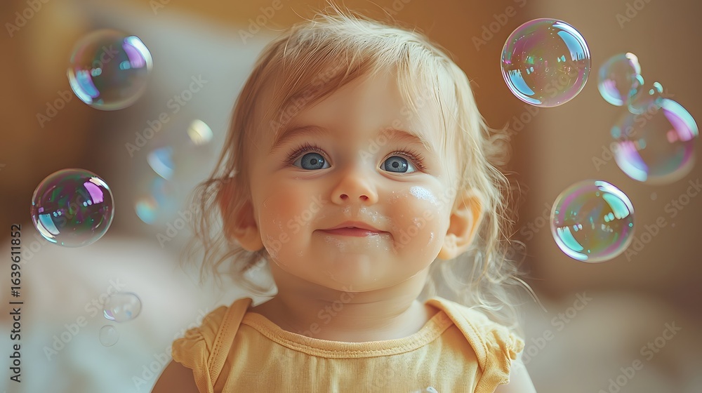 Delighted baby reaching for magical bubbles Delighted baby reaching for magical bubbles