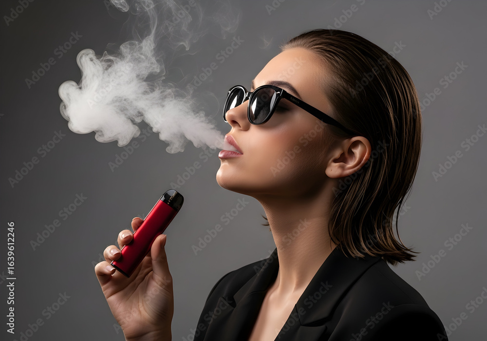 Fototapeta premium Stylish Woman Exhaling Vapor From Modern Electronic Cigarette Device Grey Background