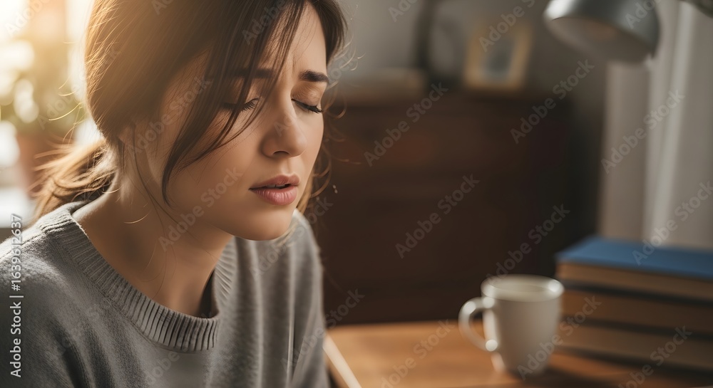 A young woman with closed eyes and a pained expression, possibly suffering from a headache. A young woman with closed eyes and a pained expression, possibly suffering from a headache.