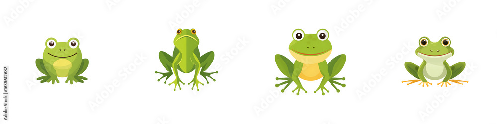 Obraz premium Cute Green Frog Cartoon Set: Adorable Amphibians Illustration