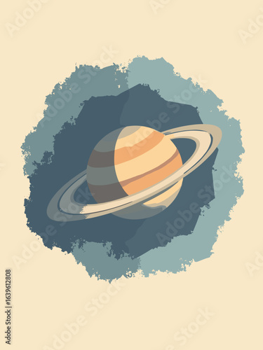Saturn – Ring-shadowed hexagonal polar vortex vista, palette: ochre, slate, ring silver, pale blue