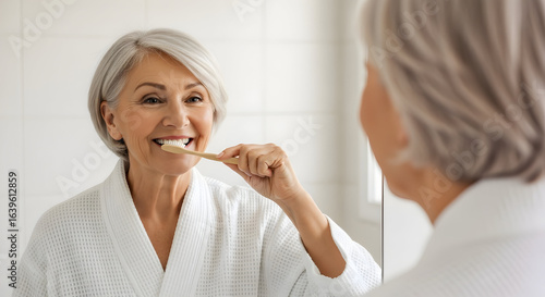 Senior woman brushing teeth healthy smile morning routine oral hygiene dental care elderly health self care bathroom mirror reflection happy confident lifestyle mature adult woman healthy habits