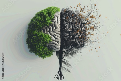 The Duality of Mind and Nature A Brain Divided Between Thriving Greenery and Decaying Branches Illustrating Mental Health