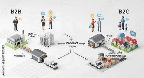 Business to business and business to consumer product flow illustrated with 3d renderings of buildings and people