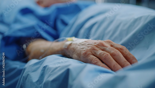 Senior man resting with IV drip in hospital bed, conveying care and medical treatment during recovery