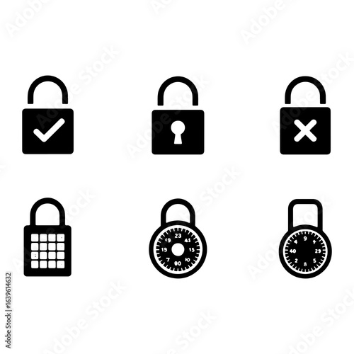 Black security locks with various symbols padlock check mark