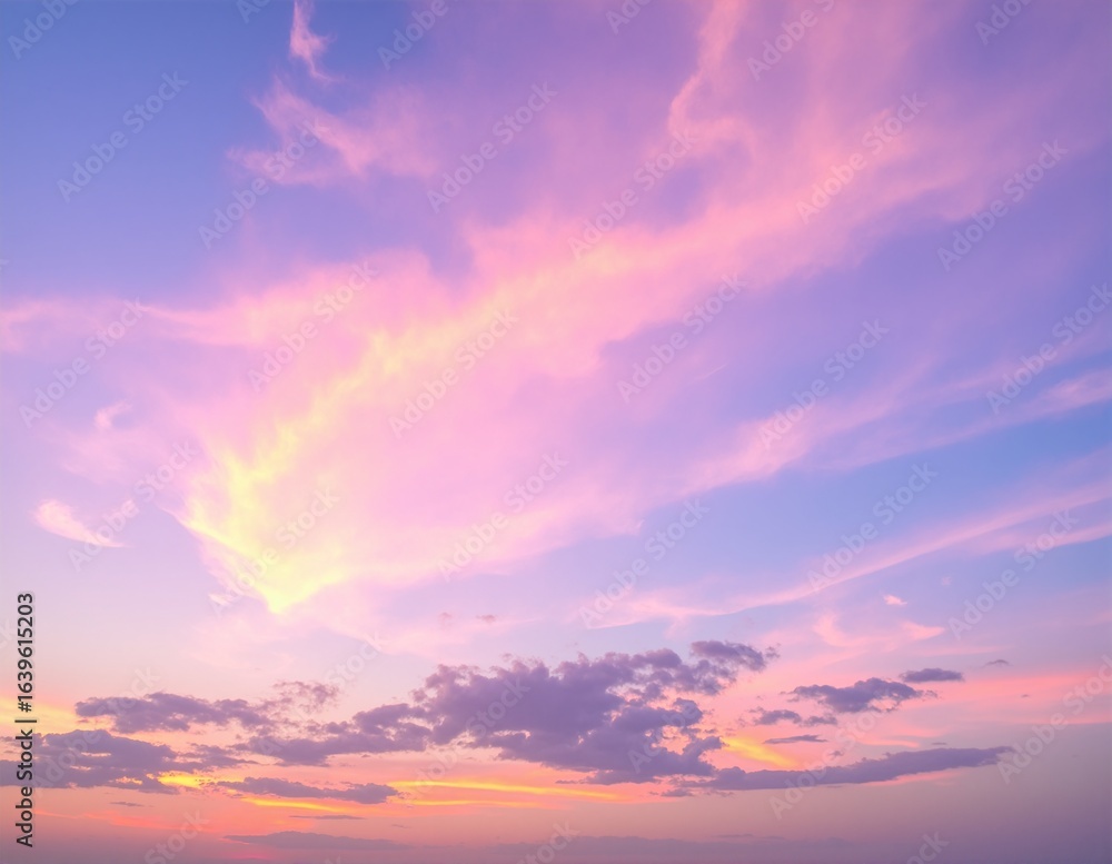 Obraz premium A breathtaking sunset paints the sky with vibrant hues of orange, pink, and purple, casting a warm glow over silhouetted trees and tranquil waters.
