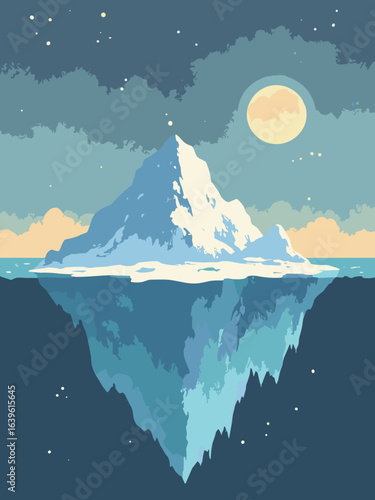 Earth – Polar ice edge and iceberg calving under midnight sun, palette: glacier white, arctic blue, slate, pale gold