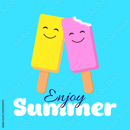 Enjoy the summer. A summer banner with cute bright smiling ice creams and text. Vector illustration