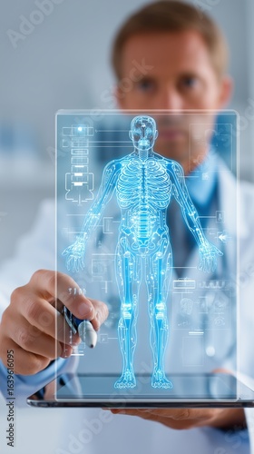 Doctor in white coat holding tablet with schematic futuristic human body illustration. Concept of advanced medical technology, digital clinical diagnostics, AI in healthcare, and future innovations.