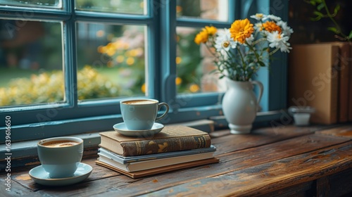 Wallpaper Mural Wooden Desk Books Coffee Cups Light Gold Amber Tones Still Life Torontodigital.ca