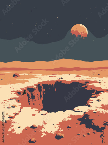 Phobos – Stickney crater rim and fractured ejecta blanket with Mars low on horizon, palette: charcoal, ochre, Mars red, cream