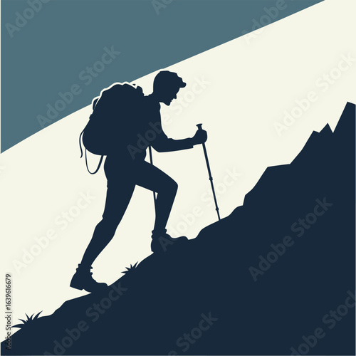 Minimalist Hiker Silhouette with Backpack and Trekking Pole
