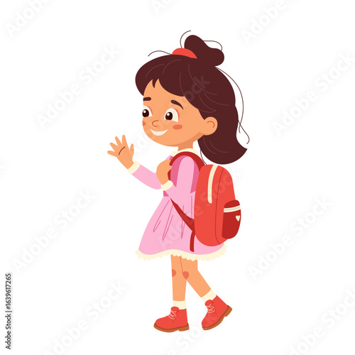 Cute cartoon schoolgirl in pink dress with backpack, waving hello on her way to school. Vector illustration perfect for education materials, back to school designs, stationery, and kids' projects